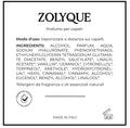 Zolyque Hair Perfume ingredients label in Italian, detailing safe and nourishing components for hair care.